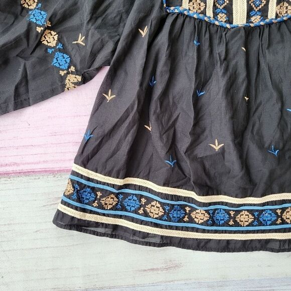 Zara Black Blue Contrast Embroidered Accents Long Sleeve Boho Peasant Blouse M - Picture 7 of 11